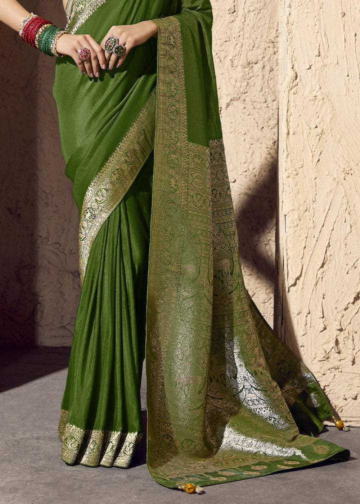 Fern Green Viscose Silk Saree with Rich Zari Weaving