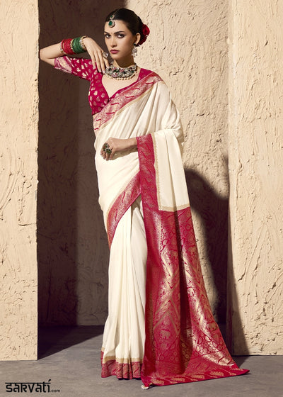 Cream White Viscose Silk Saree with Rich Zari Weaving
