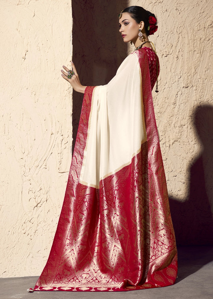 Cream White Viscose Silk Saree with Rich Zari Weaving