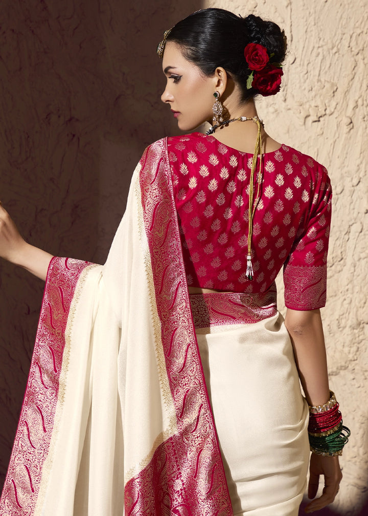 Cream White Viscose Silk Saree with Rich Zari Weaving