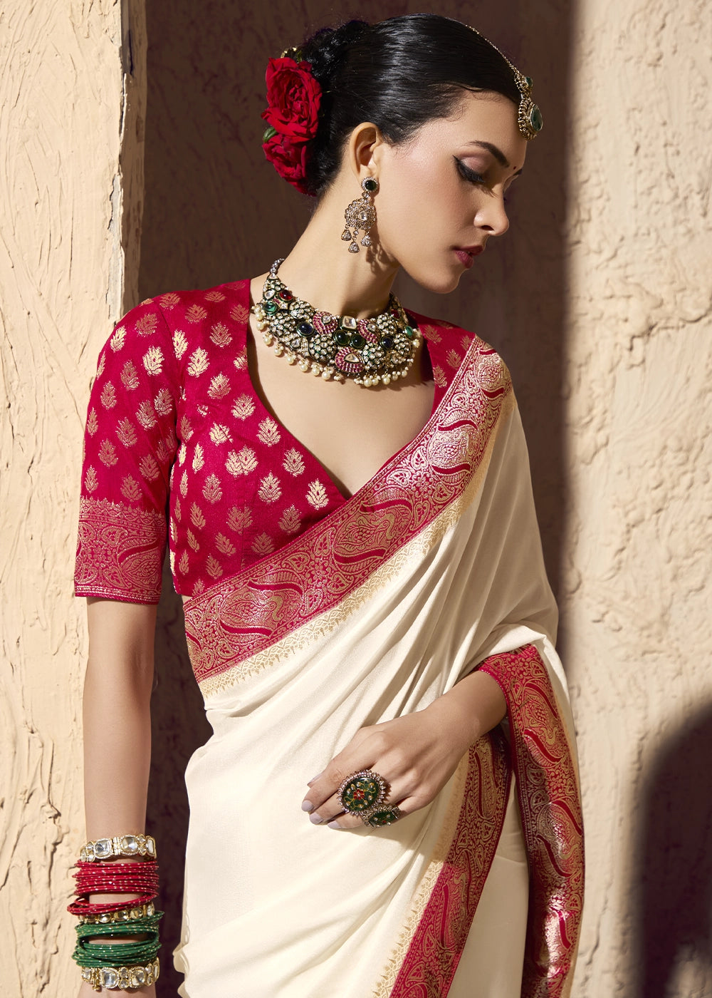 Cream White Viscose Silk Saree with Rich Zari Weaving