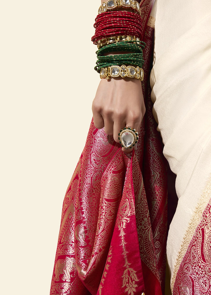 Cream White Viscose Silk Saree with Rich Zari Weaving