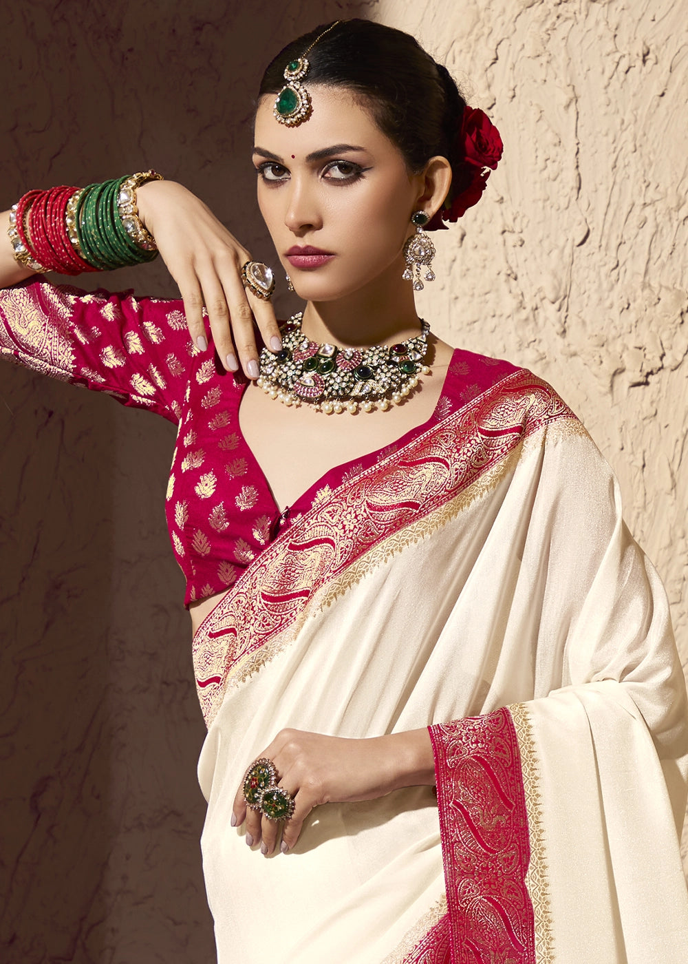 Cream White Viscose Silk Saree with Rich Zari Weaving