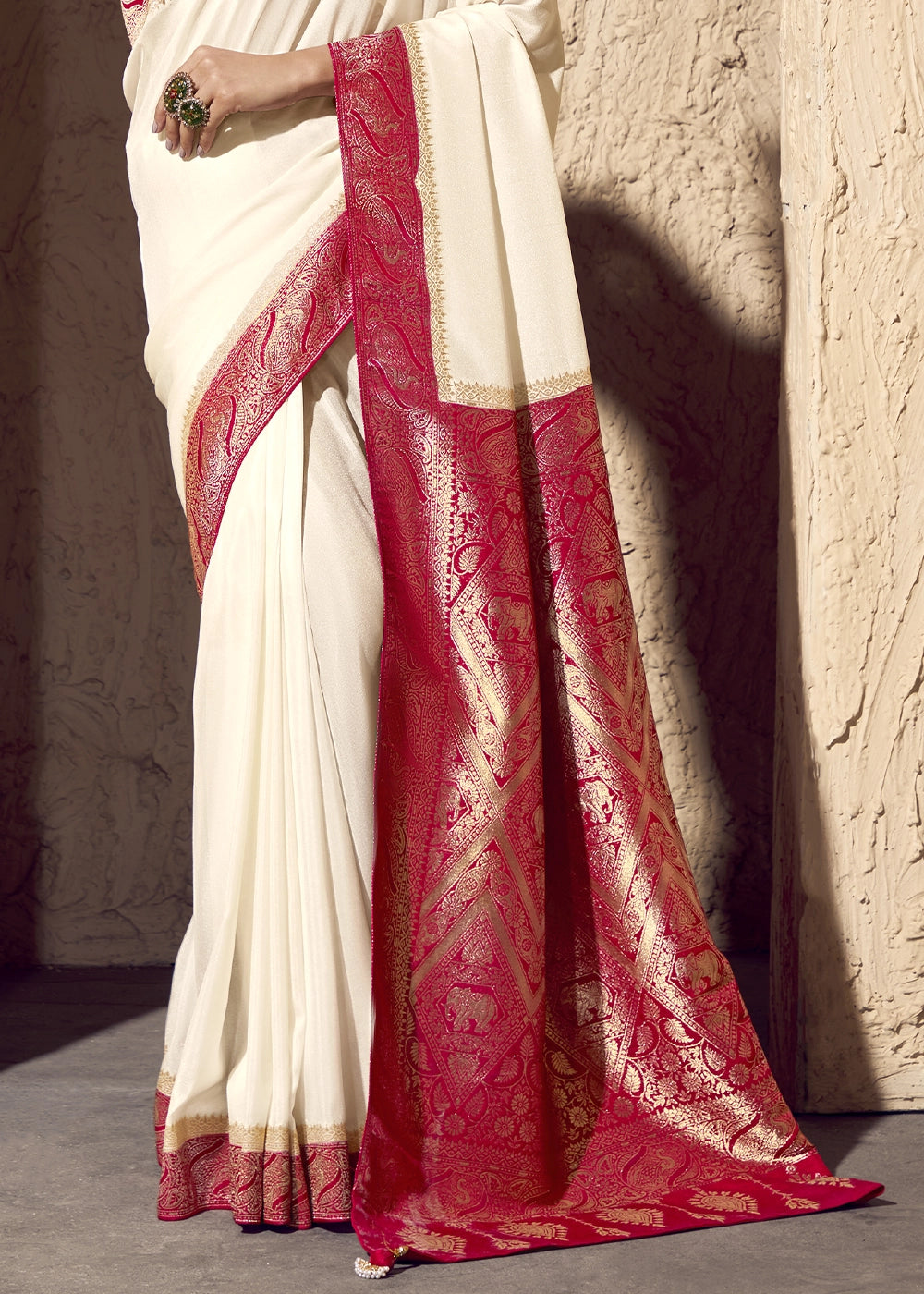Cream White Viscose Silk Saree with Rich Zari Weaving