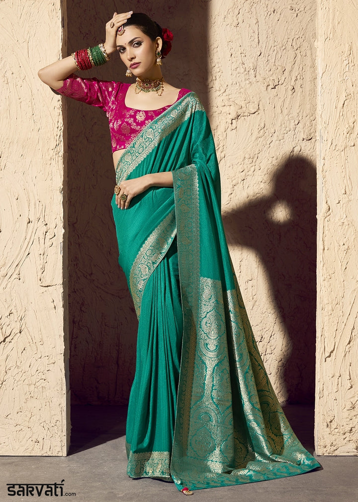 Pine Green Viscose Silk Saree with Rich Zari Weaving