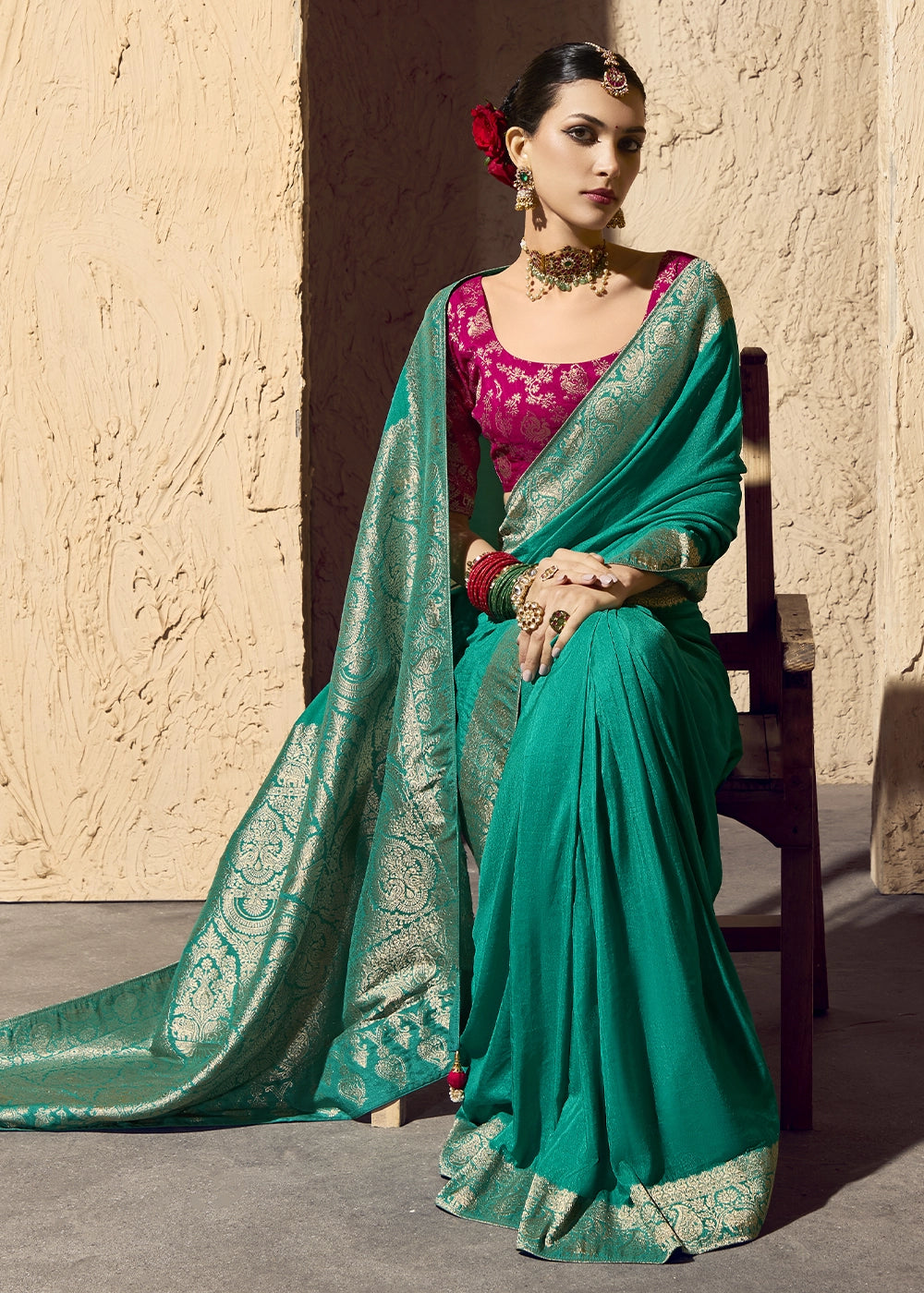 Pine Green Viscose Silk Saree with Rich Zari Weaving