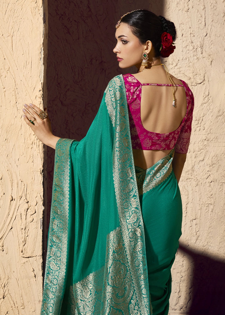 Pine Green Viscose Silk Saree with Rich Zari Weaving