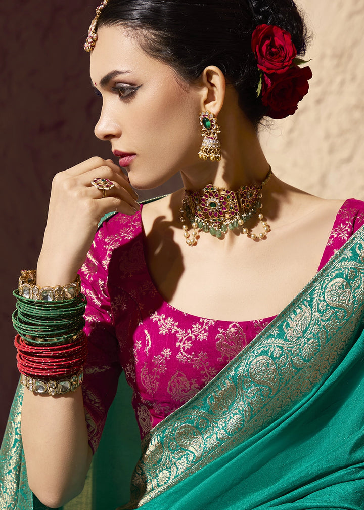 Pine Green Viscose Silk Saree with Rich Zari Weaving