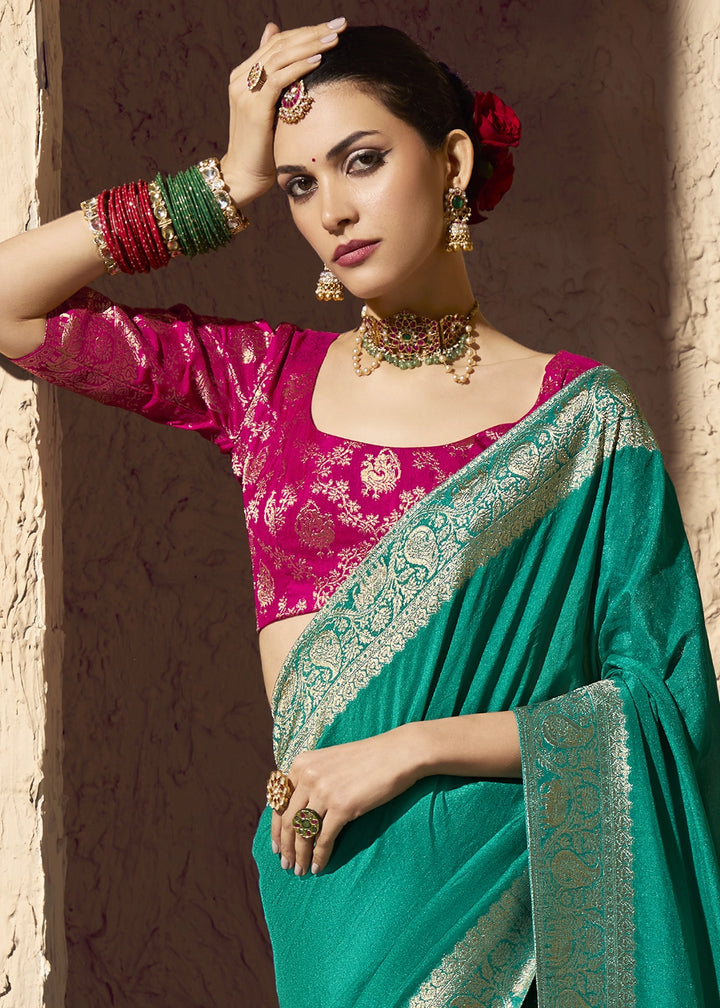 Pine Green Viscose Silk Saree with Rich Zari Weaving