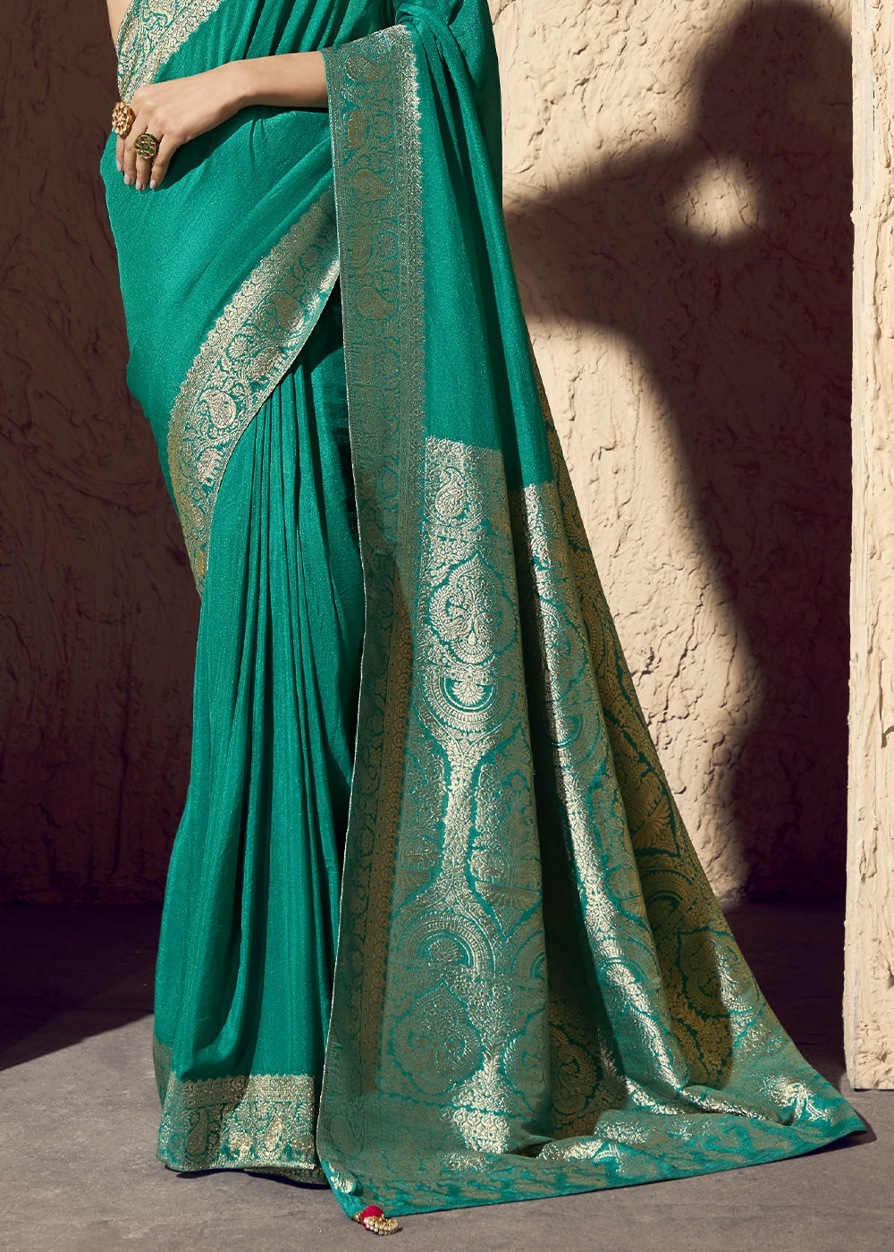 Pine Green Viscose Silk Saree with Rich Zari Weaving