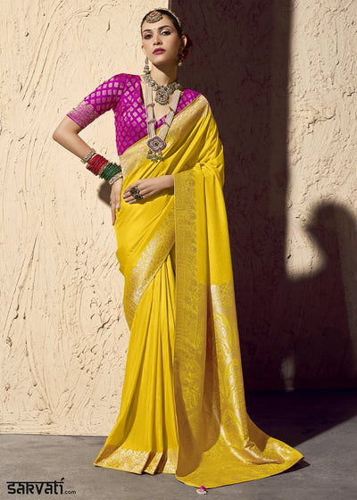 Aureolin Yellow Viscose Silk Saree with Rich Zari Weaving