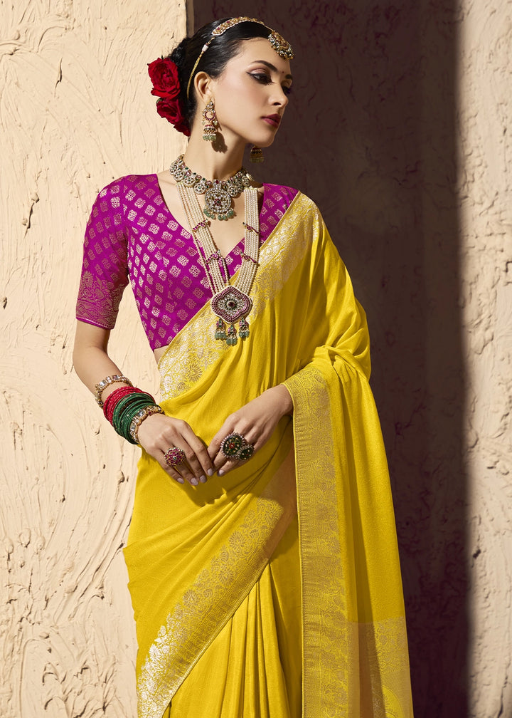 Aureolin Yellow Viscose Silk Saree with Rich Zari Weaving