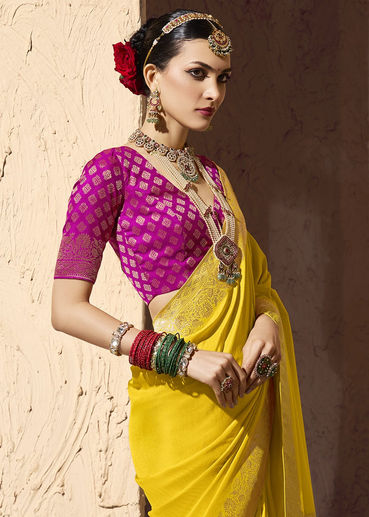 Aureolin Yellow Viscose Silk Saree with Rich Zari Weaving