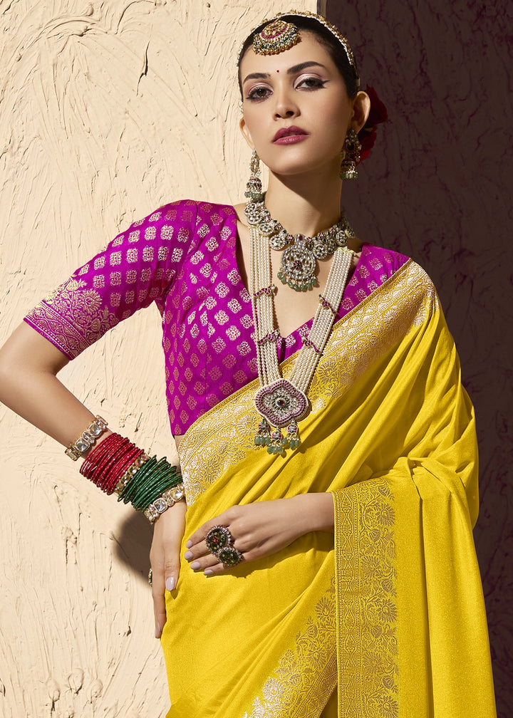 Aureolin Yellow Viscose Silk Saree with Rich Zari Weaving