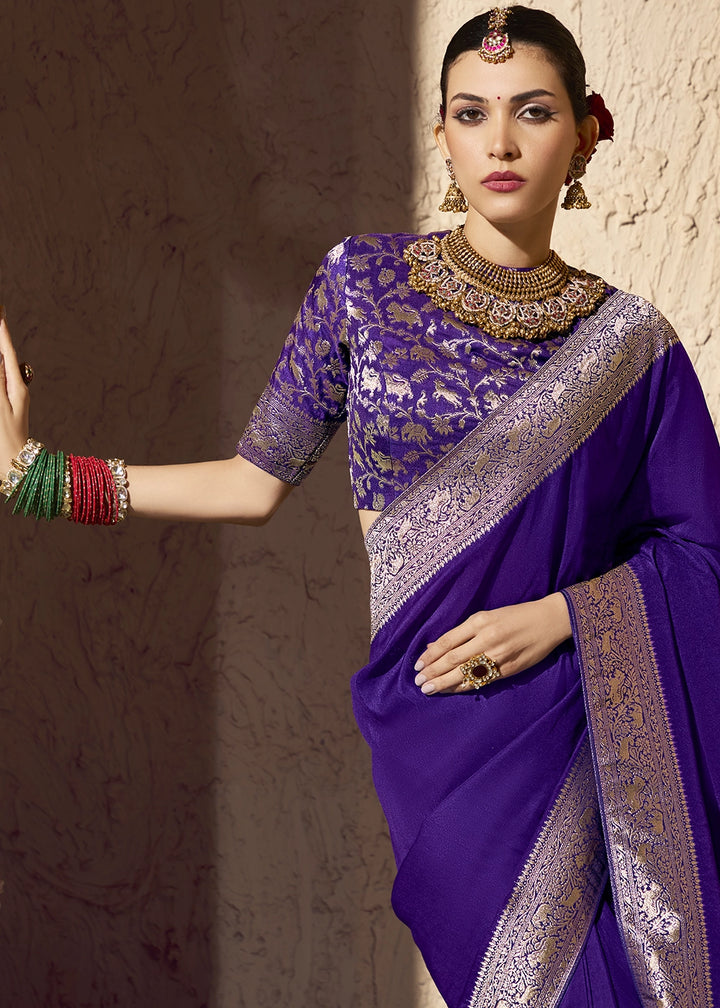 Indigo Purple Viscose Silk Saree with Rich Zari Weaving