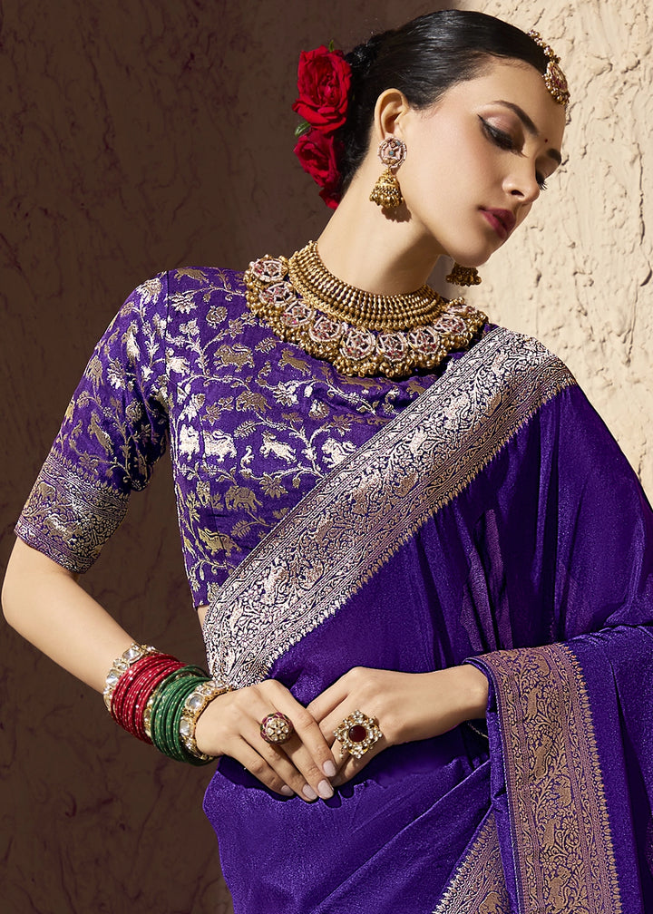 Indigo Purple Viscose Silk Saree with Rich Zari Weaving