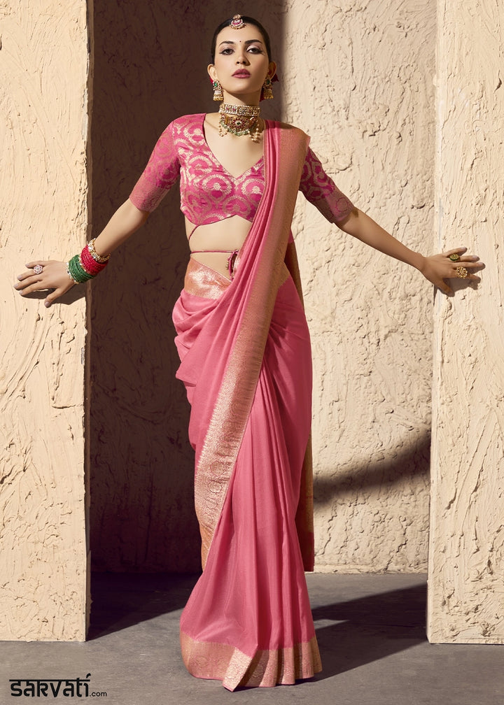 Rose Pink Viscose Silk Saree with Rich Zari Weaving