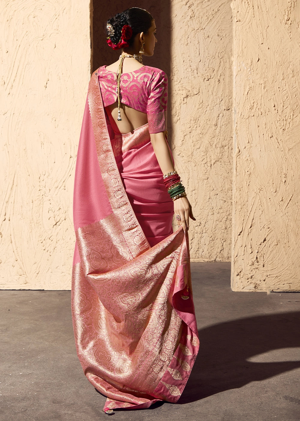Rose Pink Viscose Silk Saree with Rich Zari Weaving