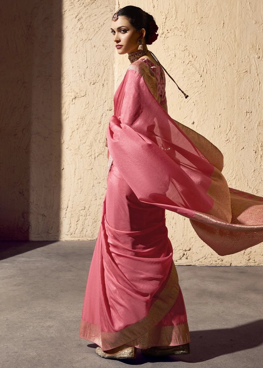 Rose Pink Viscose Silk Saree with Rich Zari Weaving