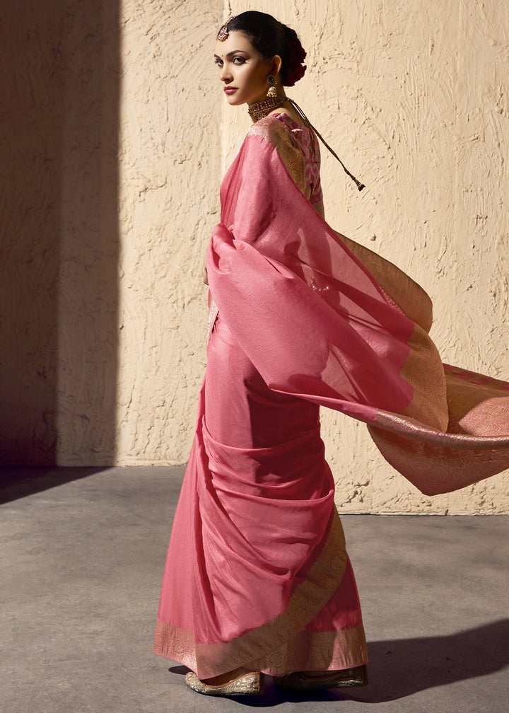 Rose Pink Viscose Silk Saree with Rich Zari Weaving