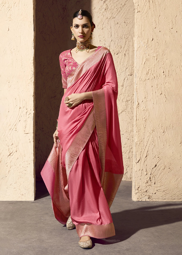 Rose Pink Viscose Silk Saree with Rich Zari Weaving