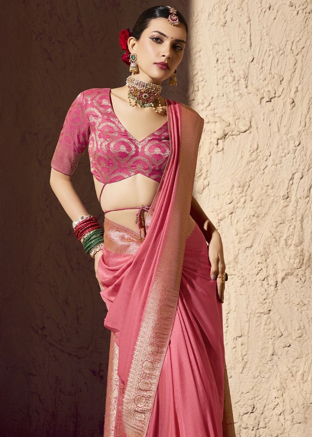 Rose Pink Viscose Silk Saree with Rich Zari Weaving