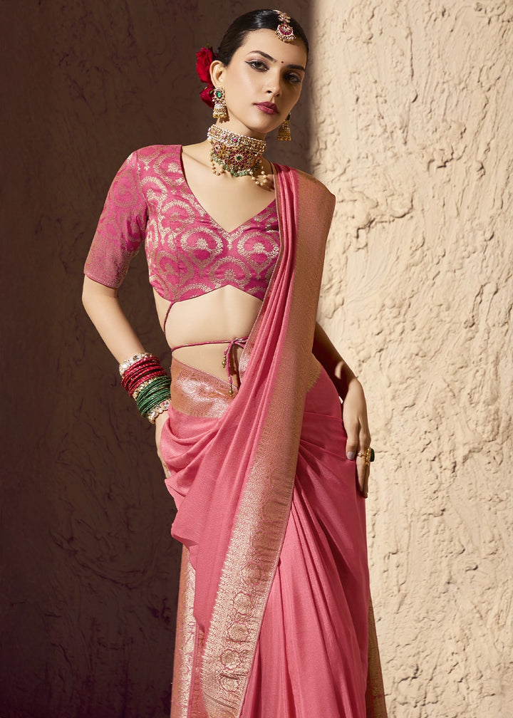 Rose Pink Viscose Silk Saree with Rich Zari Weaving