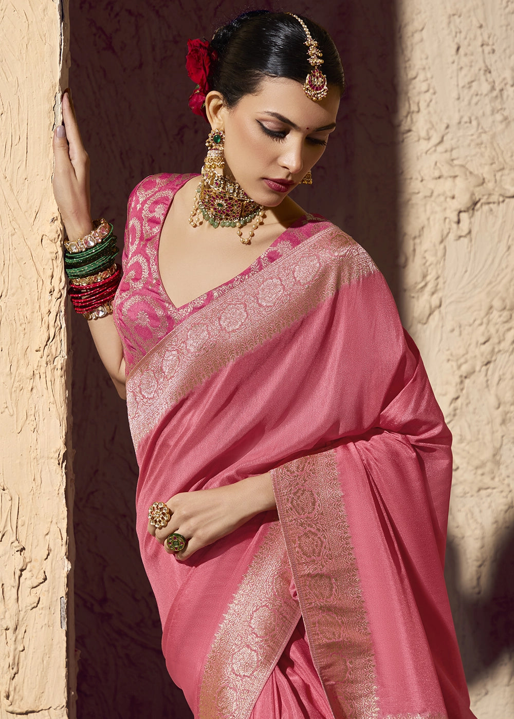Rose Pink Viscose Silk Saree with Rich Zari Weaving