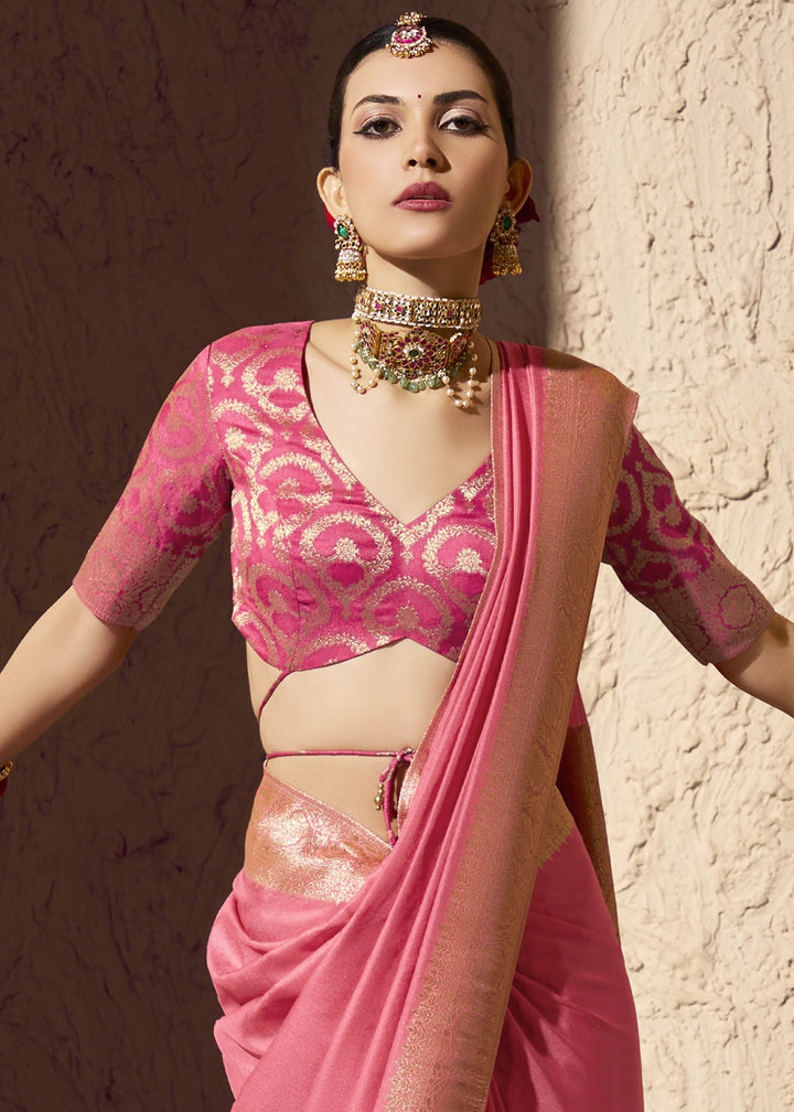 Rose Pink Viscose Silk Saree with Rich Zari Weaving