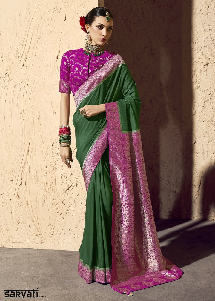 Bottle Green Viscose Silk Saree with Rich Zari Weaving