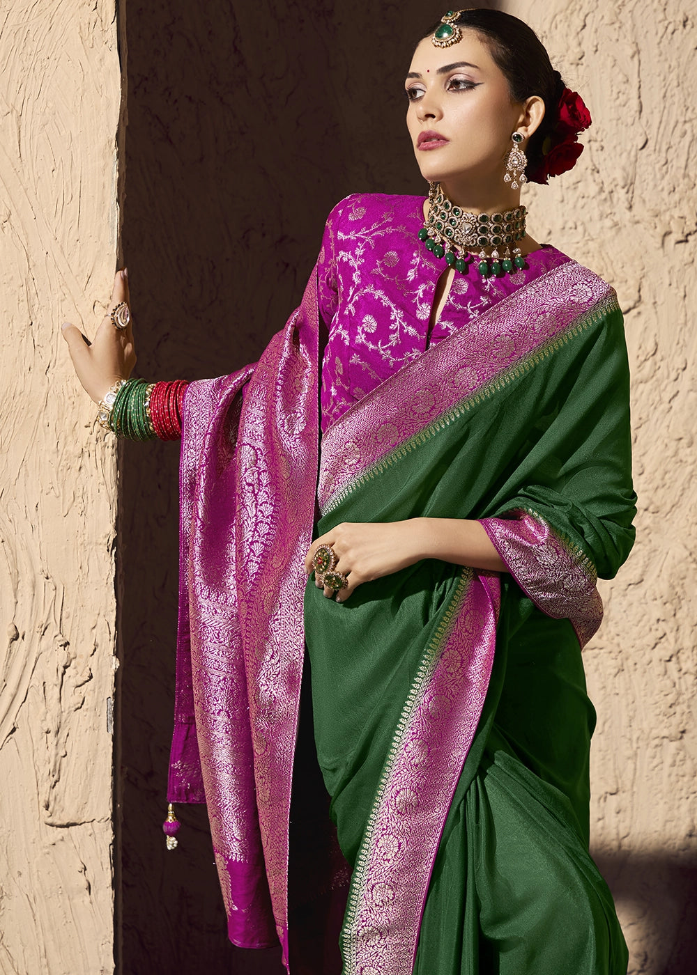 Bottle Green Viscose Silk Saree with Rich Zari Weaving