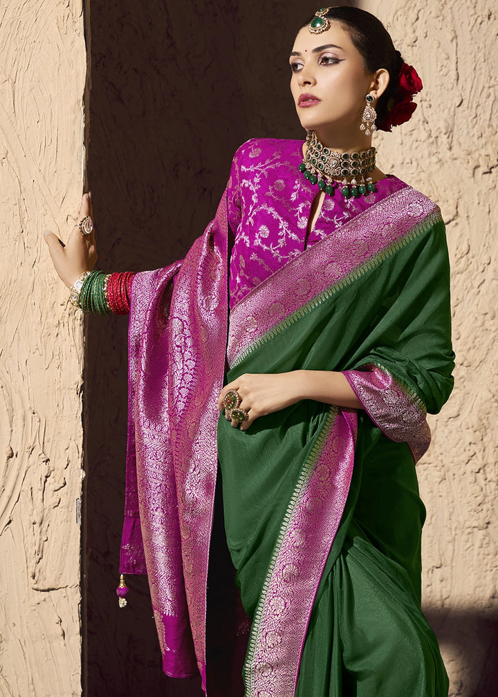 Bottle Green Viscose Silk Saree with Rich Zari Weaving