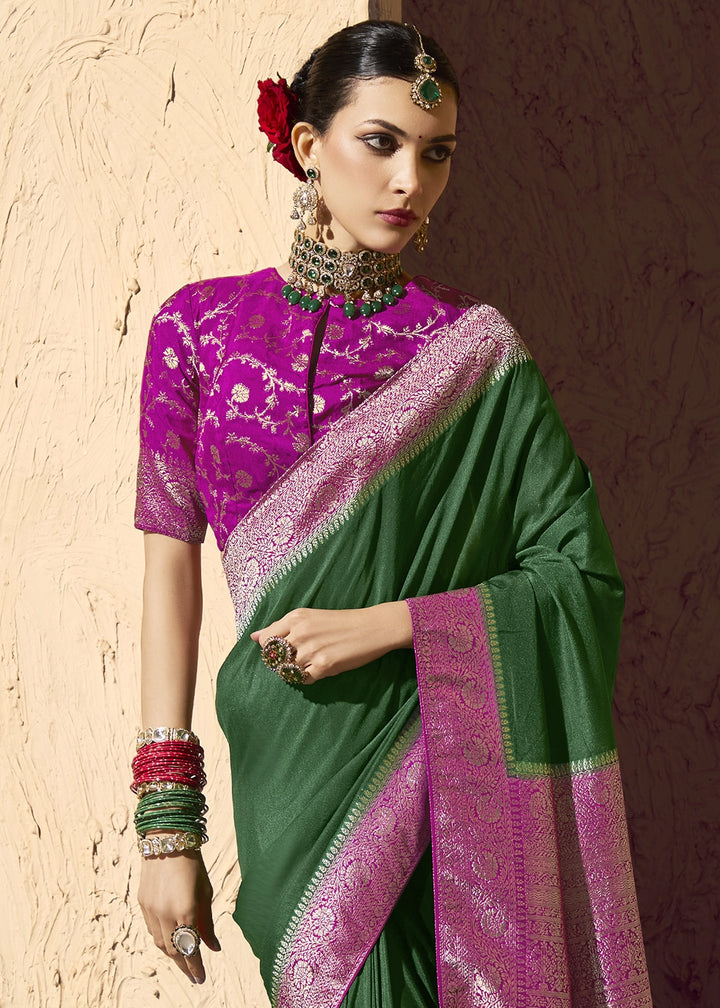 Bottle Green Viscose Silk Saree with Rich Zari Weaving