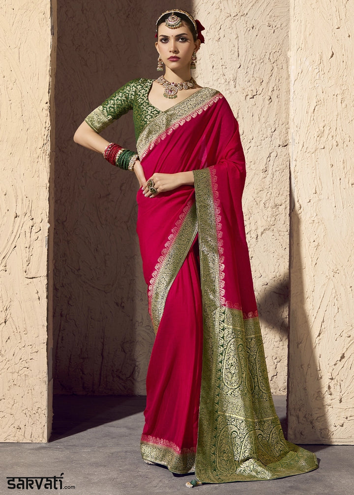 Carmine Red Viscose Silk Saree with Rich Zari Weaving