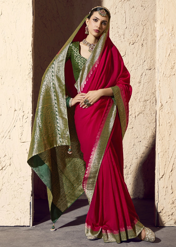 Carmine Red Viscose Silk Saree with Rich Zari Weaving