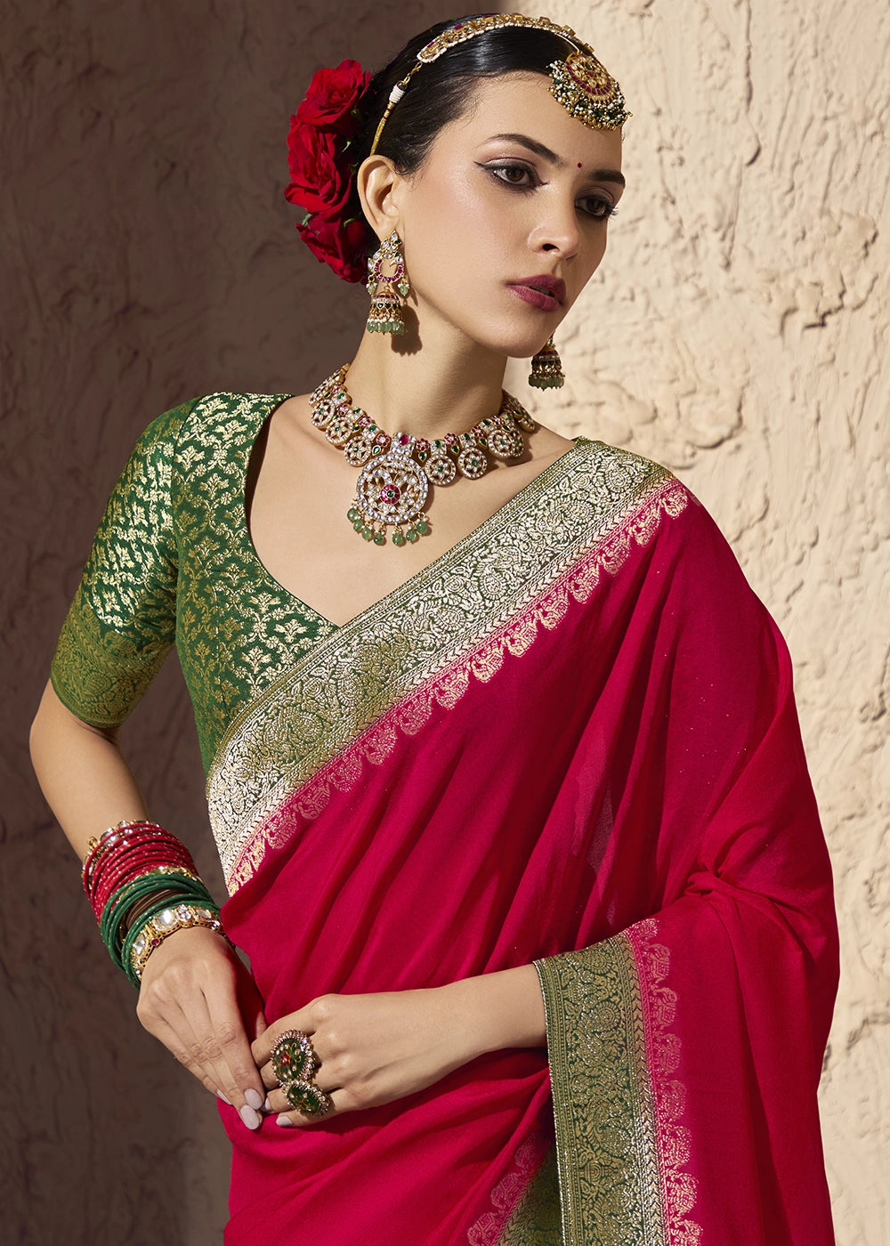 Carmine Red Viscose Silk Saree with Rich Zari Weaving