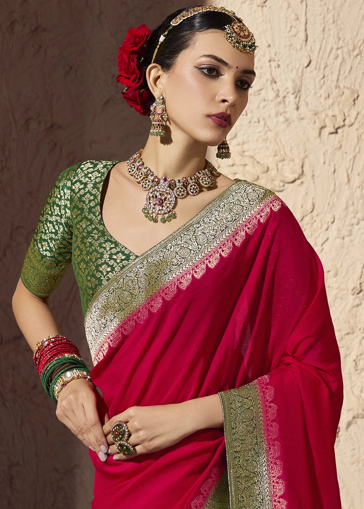 Carmine Red Viscose Silk Saree with Rich Zari Weaving