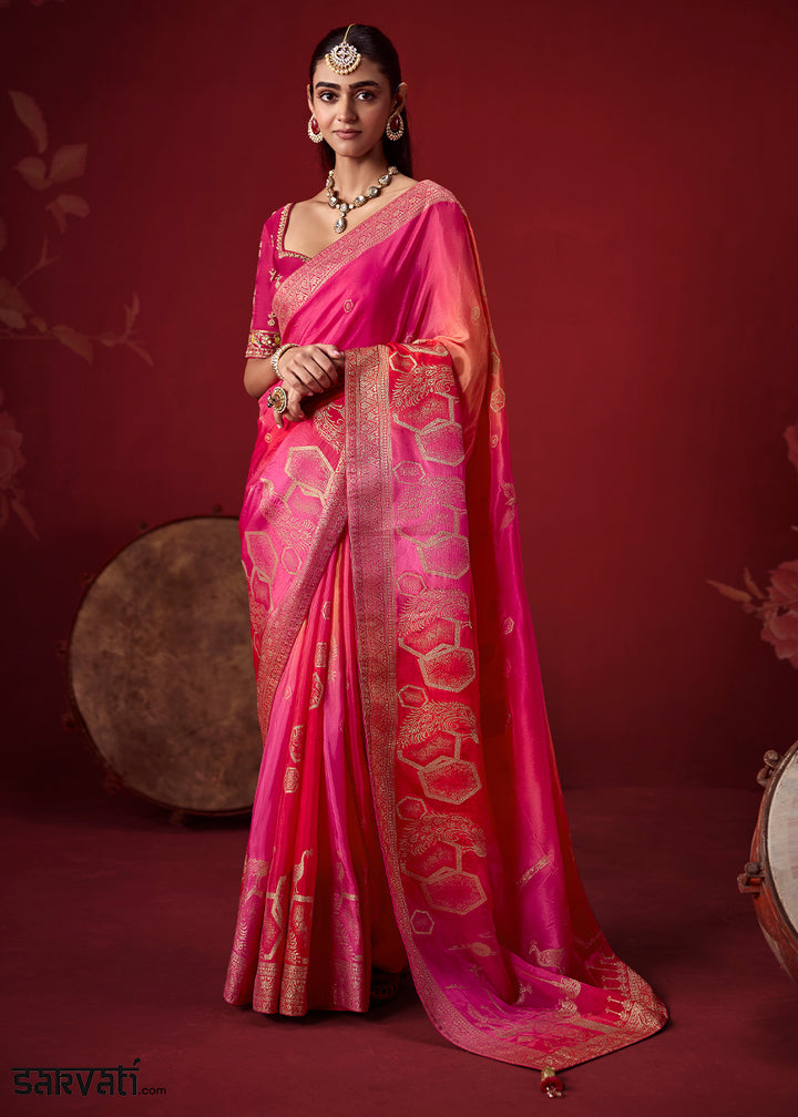 Shades of Pink Dola Crepe Silk Saree with Intricate Zari Weaving & Designer Embroidered Blouse