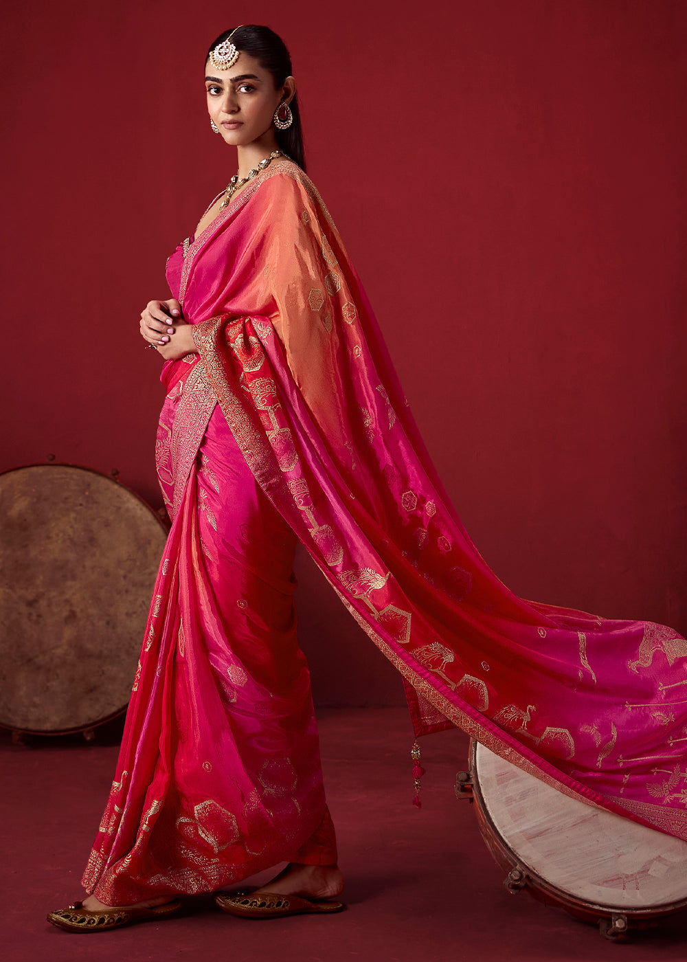 Shades of Pink Dola Crepe Silk Saree with Intricate Zari Weaving & Designer Embroidered Blouse