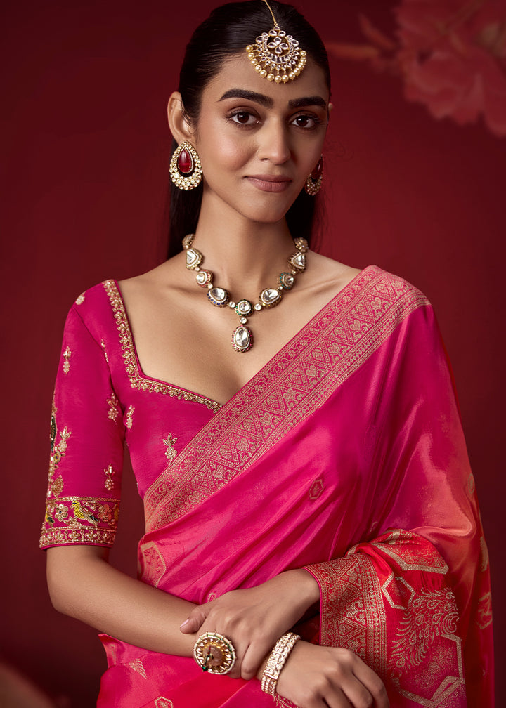 Shades of Pink Dola Crepe Silk Saree with Intricate Zari Weaving & Designer Embroidered Blouse