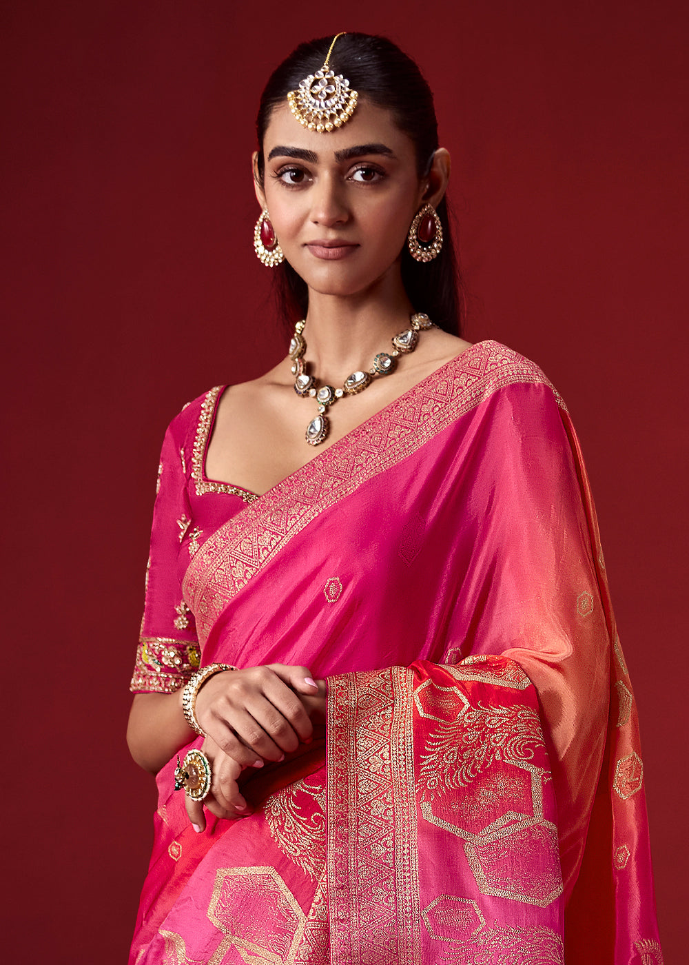 Shades of Pink Dola Crepe Silk Saree with Intricate Zari Weaving & Designer Embroidered Blouse