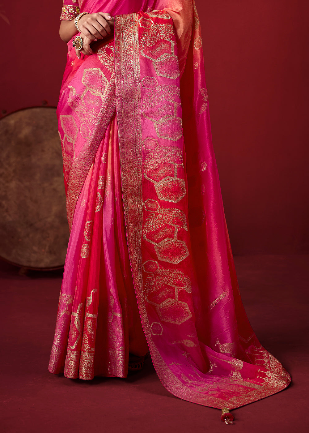 Shades of Pink Dola Crepe Silk Saree with Intricate Zari Weaving & Designer Embroidered Blouse
