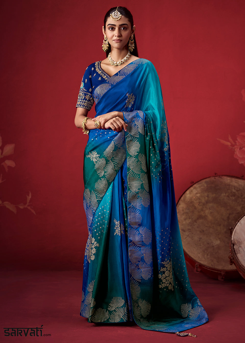 Tones of Blue Ombre Dola Crepe Silk Saree with Intricate Zari & Woven Motif Detailing