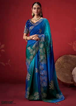 Tones of Blue Ombre Dola Crepe Silk Saree with Intricate Zari & Woven Motif Detailing