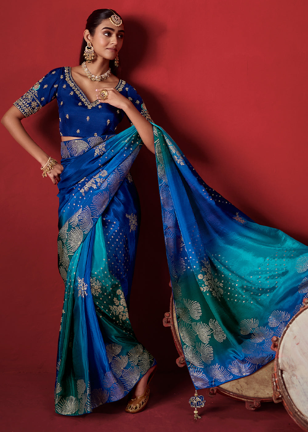 Tones of Blue Ombre Dola Crepe Silk Saree with Intricate Zari & Woven Motif Detailing