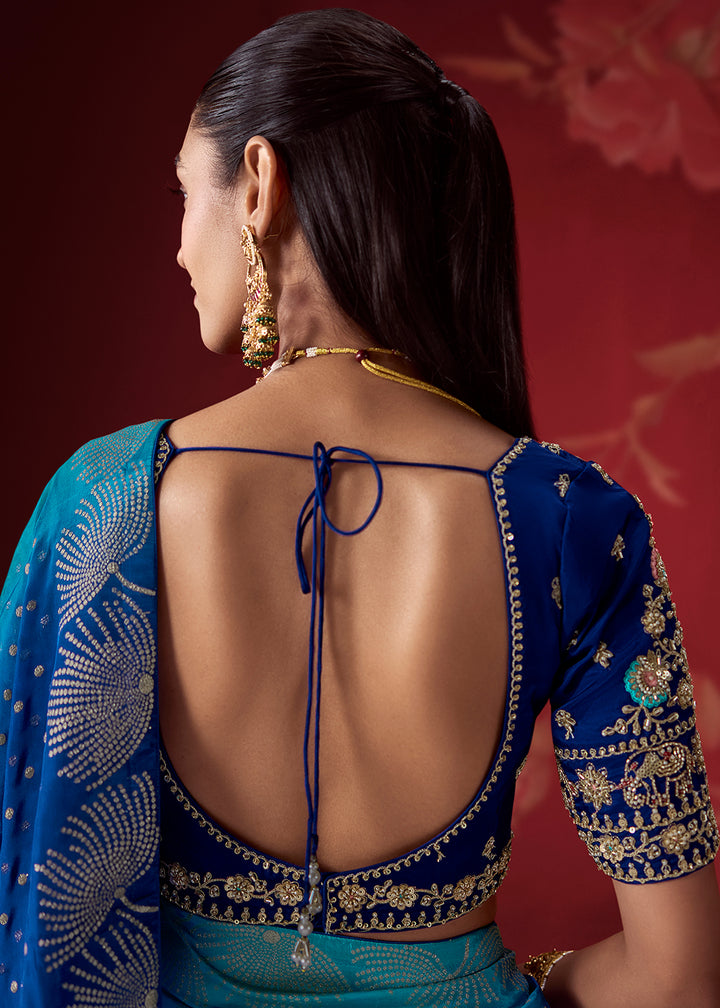 Tones of Blue Ombre Dola Crepe Silk Saree with Intricate Zari & Woven Motif Detailing