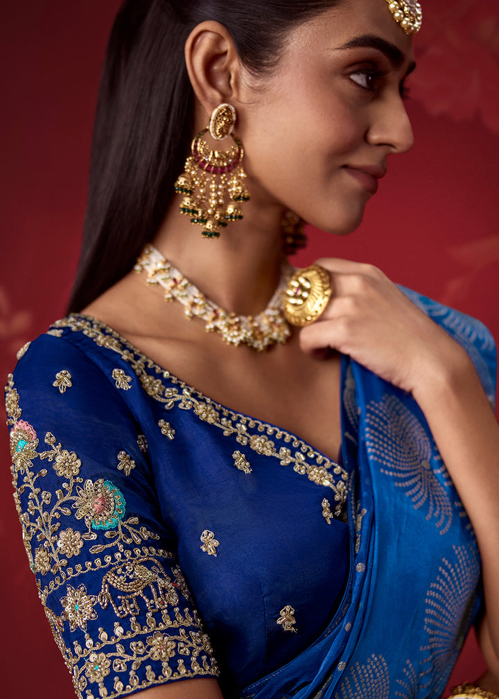 Tones of Blue Ombre Dola Crepe Silk Saree with Intricate Zari & Woven Motif Detailing
