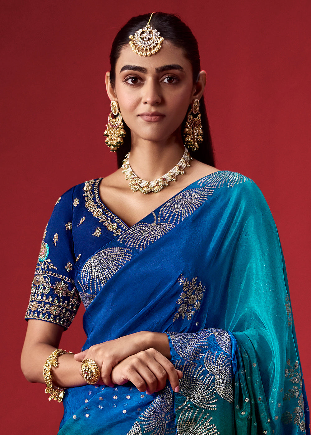 Tones of Blue Ombre Dola Crepe Silk Saree with Intricate Zari & Woven Motif Detailing