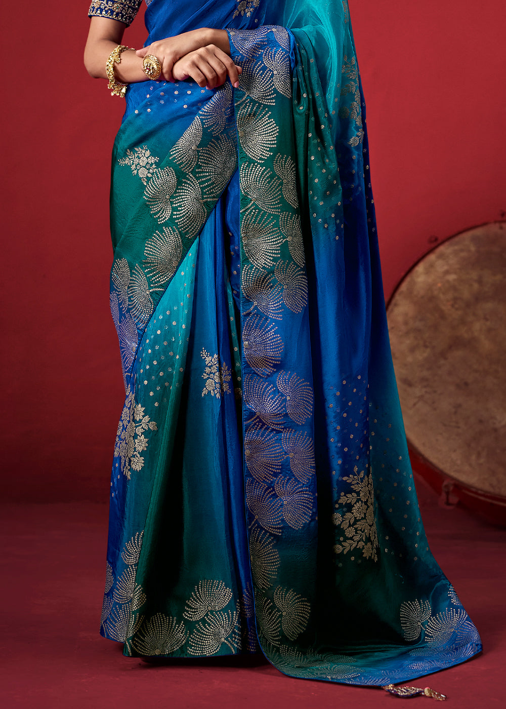 Tones of Blue Ombre Dola Crepe Silk Saree with Intricate Zari & Woven Motif Detailing