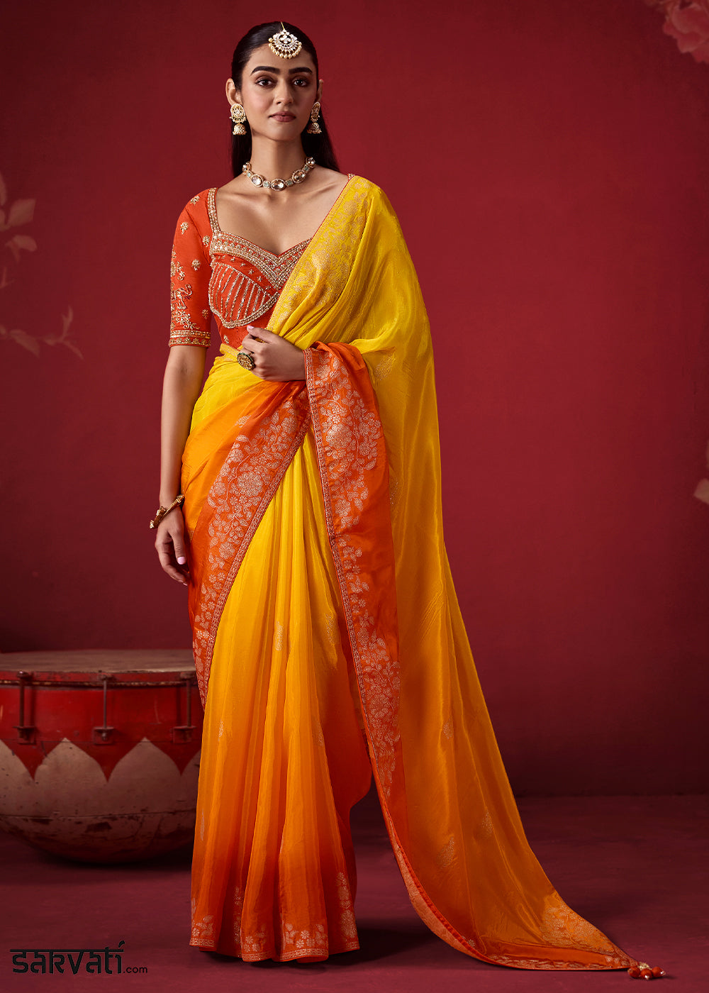 Bright Yellow & Burnt Orange Ombre Dola Crepe Silk Saree with Intricate Zari Work